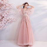 Princess A Line Pink Long Tulle Appliques V Neck Prom Dress OKG68