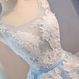 A-Line Lace Appliques Round Neck Sky Blue Short Homecoming Dresses OKD7