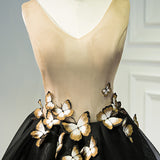 A Line Black V Neck Homecoming Dress, Sleeveless Prom Dress With Butterfly OKN68