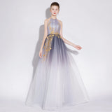 A Line Halter Tulle Long Prom Dress With Appliques OKL28