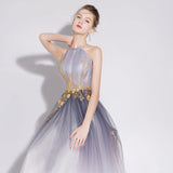 A Line Halter Tulle Long Prom Dress With Appliqued OKL28