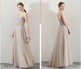 A Line Tulle Long Straps Lace Up Back Beaded Prom Dress,Evening Dress OKG73