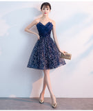 Navy Blue A-Line Strapless Sequined Short Homecoming Dresses OKC54