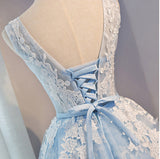 A-Line Lace Appliques Round Neck Sky Blue Short Homecoming Dresses OKD7