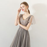 A Line Tulle Long Appliques Beaded Prom Dress, Grey Formal Evening Dress OKG72