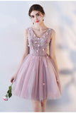 Pink A-Line V Neck Flowers Short Homecoming Dresses,Mini School Dress OKC63