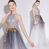 A Line Halter Tulle Long Prom Dress With Appliqued OKL28