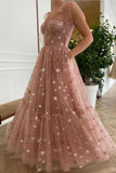 Sparkly Stars Tulle Blush Pink Prom Dress Shiny Princess Evening Dress With Straps OKV59