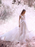 Princess Ivory Cap Sleeve Tulle Long Cheap Wedding Dress OKM84