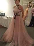 Chic Pink Tulle A-Line Cheap Long Prom Dress,Evening Dresses OKE17