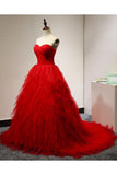 Chic Sweetheart A Line Zipper Back Red Ruffles Cheap Long Prom Dress OKG22