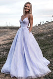 V Neck Lilac Long A-line Prom Dress with Pocket Shiny Formal Dress Sparkly Evening Dress OKX20