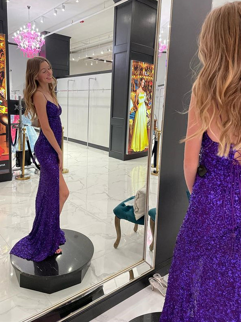 V Neck Purple Sequins Long Prom Dress High Slit Formal Graduation Evening Dress OK1285