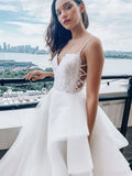 V Neck Lace Top Spaghetti Straps Wedding Dress Elegant Ruffles Bridal Dress OKX55