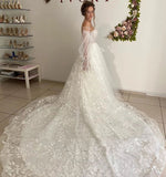 Lace Floral Puff Sleeve Wedding Dresses Sweetheart Long Train Bride Gowns Corset Back OKV20