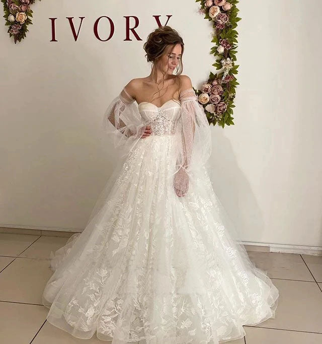 Lace Floral Puff Sleeve Wedding Dresses Sweetheart Long Train Bride Gowns Corset Back OKV20