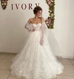 Lace Floral Puff Sleeve Wedding Dresses Sweetheart Long Train Bride Gowns Corset Back OKV20