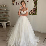 Glitter Tulle A-line Princess Wedding Dress Off the Shoulder Elegant Bridal Gowns OKV60