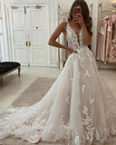 Lace Applique Ivory A-line V-Neck Wedding Dress Cheap Bridal Dress OKU81