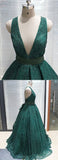 A-line V neck Dark Green Sequined Long Prom Dress OKS18