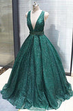 A-line V neck Dark Green Sequined Long Prom Dress OKS18