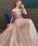 A-line Off-the-shoulder Pearl Pink Long Prom Dress OKS23