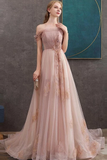 A-line Off-the-shoulder Pearl Pink Long Prom Dress OKS23