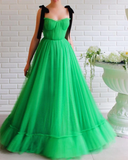 A-line Black Straps Sage Long Charming Prom Dress Tulle Evening Dress OKS97