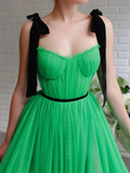 A-line Black Straps Sage Long Charming Prom Dress Tulle Evening Dress OKS97