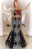 Two Pieces Trumpet/Mermaid Spaghetti Straps Black Lace Appliques Long Prom Dress OKT9