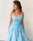 New Arrival A-line Spaghetti Straps Lace Appliques Long Blue Prom Dress OKT5