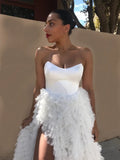 A-line Strapless White Tulle Ruffles Long Prom Dress With Slit OKT17