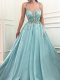 A-line Spaghetti Straps Flowers Long Prom Dress Tulle Evening Dress OKT6