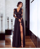 A-line V-neck Long Sleeves Prom Dress Lace Appliques Formal Gown OKR73