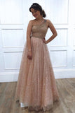 A-line One Shoulder Sparkly Long Sequins Prom Dress Evening Dress OKR62