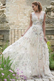 A Line V Neck Lace Appliques Long Off White Prom Dress Evening Dress OKR48