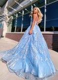 A-line Spaghetti Straps Lace Appliques Sky Blue Long Prom Dress Evening Dress OKR51