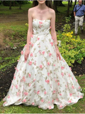 A Line Floral Long Prom Dress Strapless Beautiful Flower Printed Prom Dress OKR43