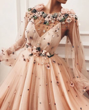 A line Long Sleeves Prom Dress 3D Flowers Prom Dress Formal Evening Dress OKR44