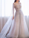 A-line Round Beaded Long Prom Dress Charming Formal Gown OKS70