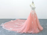 A-line V-neck Pink Tulle Lace Appliques Cathedral Train Formal Prom Dress OKS2