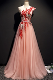 A Line Pink One Shoulder Tulle Red Applique Long Prom Dress Evening Dress OKR97