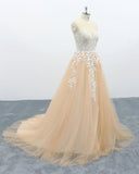 A Line Tulle Lace Appliques Sweep Train Evening Dress Senior Prom Dress OKS1