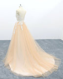 A Line Tulle Lace Appliques Sweep Train Evening Dress Senior Prom Dress OKS1