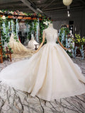 Off White High Neck Ball Gown Wedding Dress, Open Back Beaded Wedding Gown OKJ96