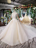 Off White High Neck Ball Gown Wedding Dress, Open Back Beaded Wedding Gown OKJ96