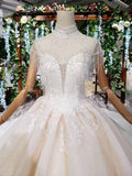 Off White High Neck Ball Gown Wedding Dress, Open Back Beaded Wedding Gown OKJ96