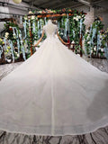 Off White High Neck Ball Gown Wedding Dress, Open Back Beaded Wedding Gown OKJ96