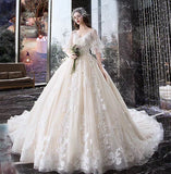 Charming Half Sleeves Ball Gown Wedding Dress, Appliques V Neck Bridal Dress OKK2