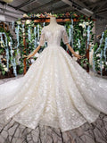 Lace Half Sleeves Ball Gown Wedding Dress, Fashion Beading Big Wedding Gown OKK3